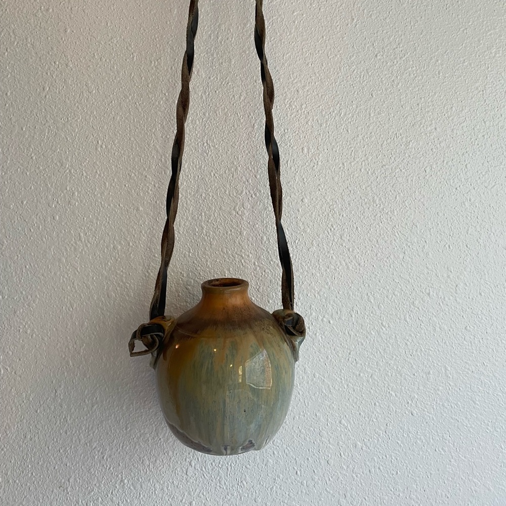 Signed art pottery vase planter hanging leather strap